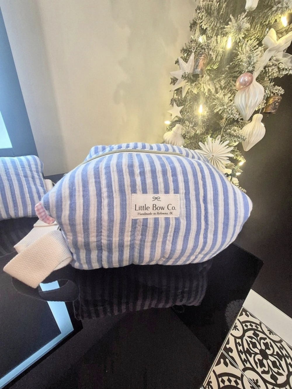 Little Bow Co. Blue & White Striped Accent Cotton Muslin Cosmetic Pouch